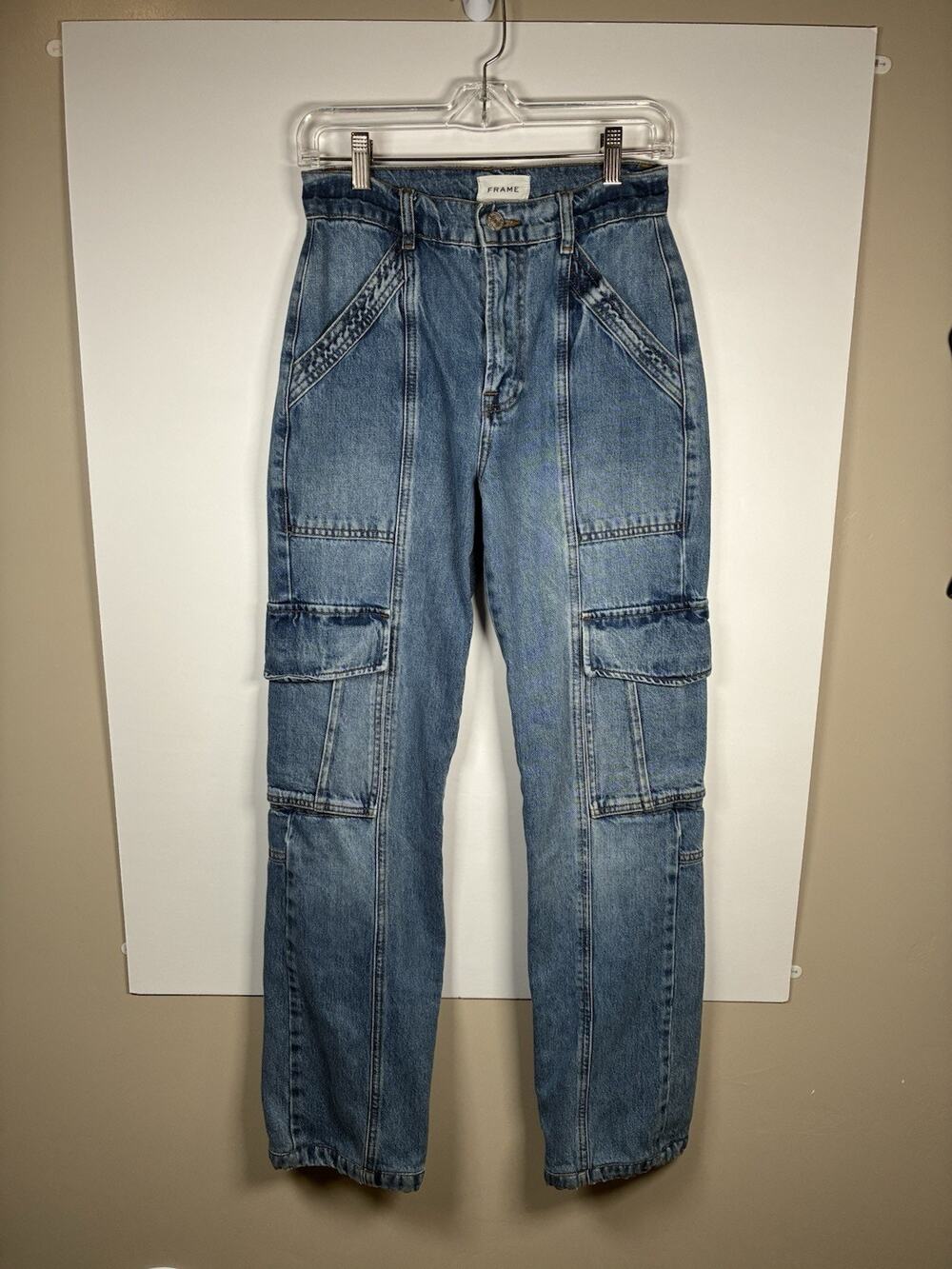 FRAME 25 100% Cotton Cargo Jeans Primetime Wash High Rise Utility HRUSL727 Y2K